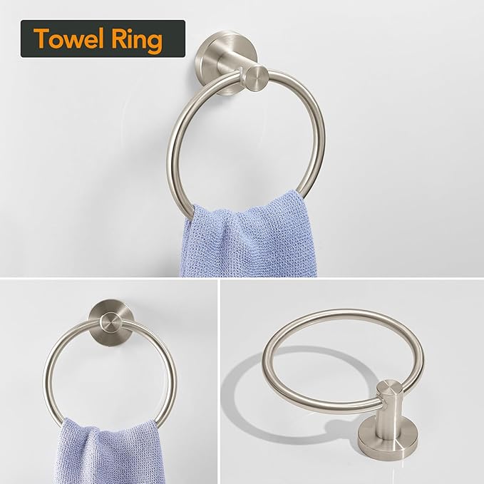 BESy 4 Piece Bathroom Accessories Set (Adjustable 16 to 26 Inch Towel Bar, Towel Ring, Toilet Paper Holder,Towel Hook), Wall Mounted Bath Hardware Accessory Fixtures Set,Stainless Steel/Brushed Nickel