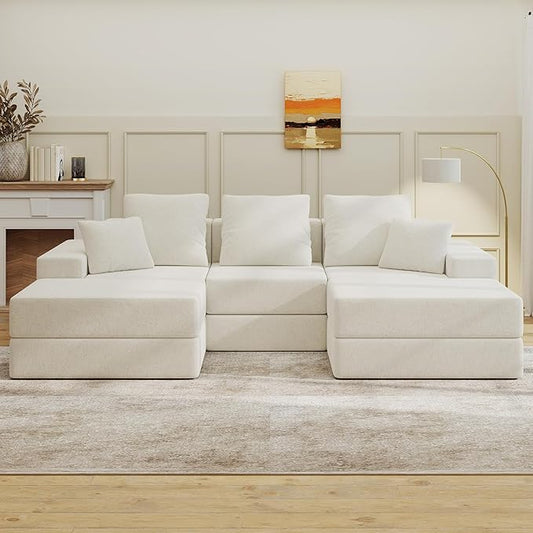 Living&Giving 101" U-Shaped Cloud Sectional Couch for Living Room, Cloud Boneless Couch-No Assembly with Reversible Chaise, Customizable 3-Seat Modular Sectional Sofa with 2 Ottoman, Beige