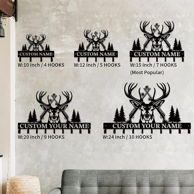 Personalized Custom Name Hunting Deer Wall Key Hooks,Metal Hunting Art Clothes Hooks,Metal Hunting Wall Home Storage Decorative,Hunter For Front Door, Hallway, Kitchen, Bedroom,Keys,Hats (Style I)
