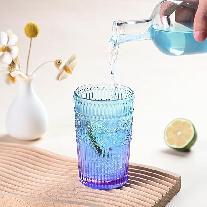 6pcs Vintage Drinking Glasses Set, 12 oz Glass Cups, Embossed Ribbed Glassware Drinking Glasses for Cocktail, Water, Juice, Coffee, Whiskey