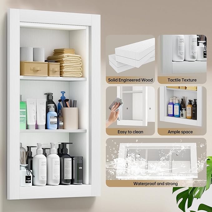 14x24 Recessed Medicine Cabinet, Wood Bathroom Wall Niche, Water-Proof Recessed Wall Niche Medicine Cabinet Replacement, for Living Room, Bathroom Storage, White