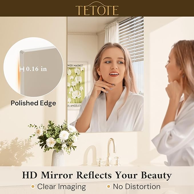 TETOTE Frameless Bathroom Mirror 16" x 24" Frameless Vanity Mirror for Wall Suitable for Bedroom, Living Room, Entryway, Hallway, Home Gym, Vertically/Horizontally