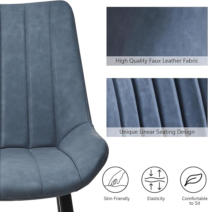 Dining Chairs Set of 2, Faux Leather Modern Linear Design Dining Chair with Metal Legs, 16.9" Seat Width Chair for Kitchen, Lounge, Reception Room, Restaurant, Commercial (Haze Blue)