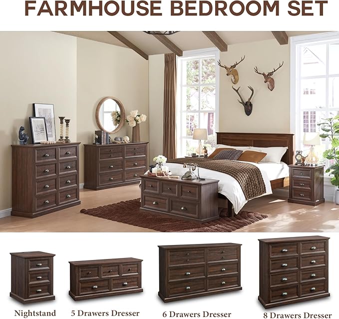 Farmhouse 8 Drawer Dresser for Bedroom, 39" Tall Dressers & Chests of Drawers, 42" Wide Dressers Organizer Storage, Wood Rustic Bedroom Dresser for Closet, Living Room, Hallway, Brown