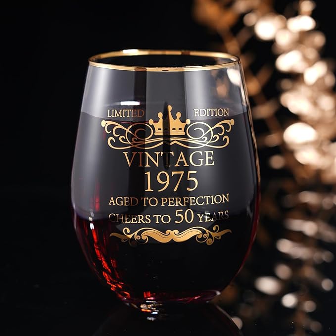 1975 50th Birthday Gifts for Women Men 15oz Wine Tumbler Red Wine Glass Cup 50 Years Old Birthday Present 50th Anniversary Present