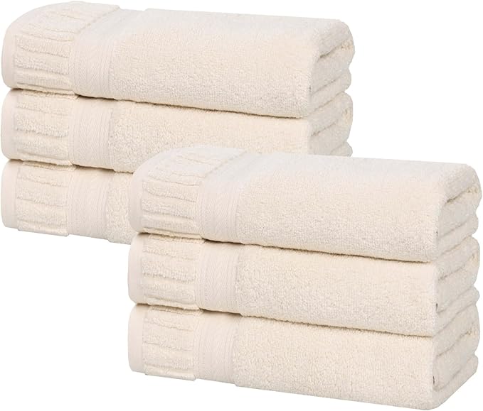 Superior Venice Zero Twist Cotton Medium Weight Towels, for Kitchen, Bathroom, Shower, Spa, Plush Towels, Bath Essentials, Ribbed Textured Border, Absorbent Hand Towels, Set of 6, Ivory