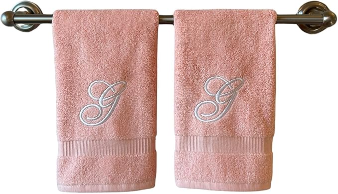 Pink Monogrammed Hand Towels for Bathroom - Luxury Hotel Quality Personalized Initial Embroidered Towel for Powder Room, Spa - GOTS Organic Certified - Set of 2 White Letter G