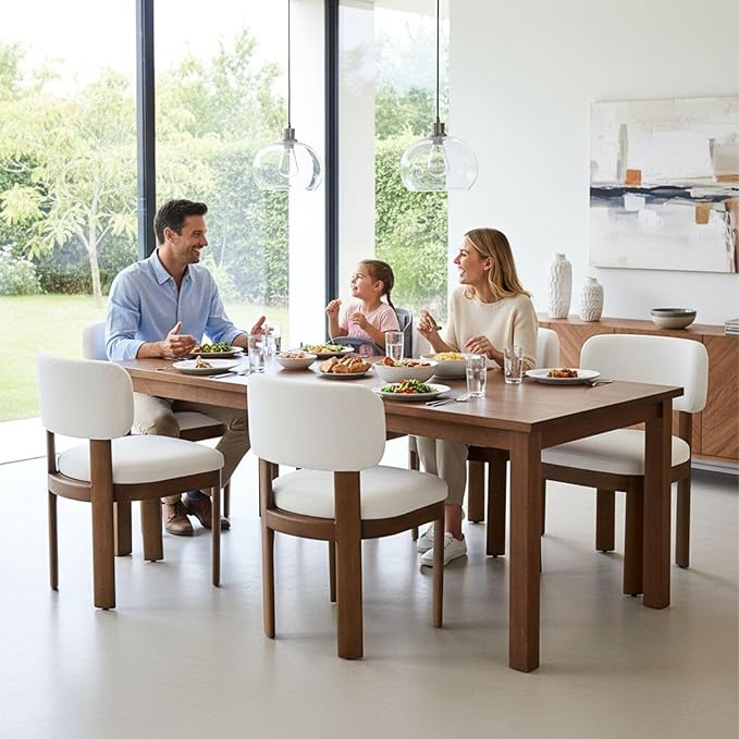 Beige Dining Chairs Set of 2 Mid Century Modern Upholstered Dining Room Chairs with Curved Backrest and Wooden Legs for Kitchen Island, Dining Room