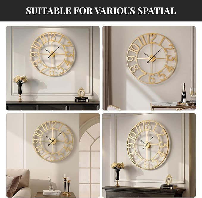 Large Wall Clock 30 Inch, Decorative Gold Clocks Silent Non Ticking Battery-Operated for Living Room Kitchen Mantel Decor, Metal Round Modern Wall Clocks Arabic Numerals