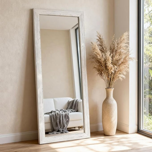 Yumyolk Full Length Mirror 56"x22" with Stand Wood Frame Leaning Hanging for Living Room Bedroom Cloakroom White