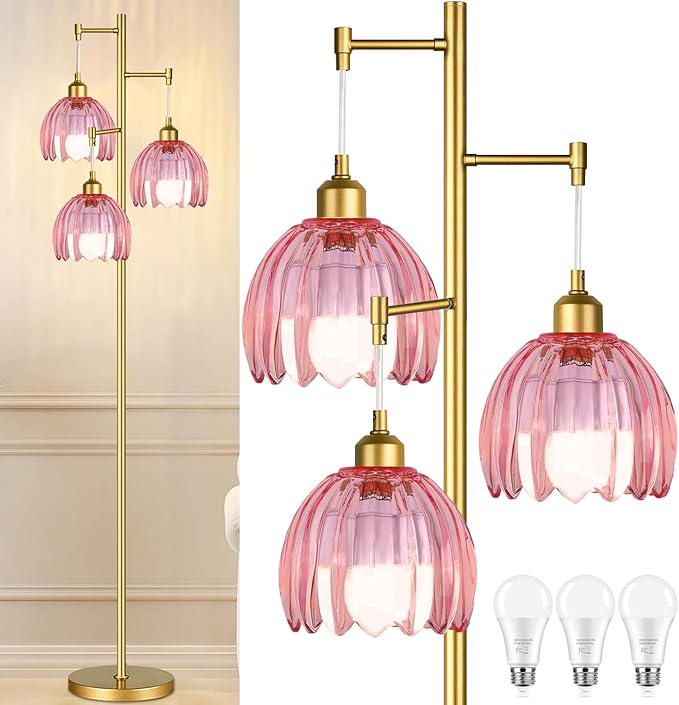 Vintage Floor Lamps for Living Room Bedroom-3 Light Glass Floor Lamp with Three Led Bulb, Tall Flower Floor Lamp Gold Mid Century Modern Standing Lamp Tree Floor Lamps for Living Room Bedroom Corner