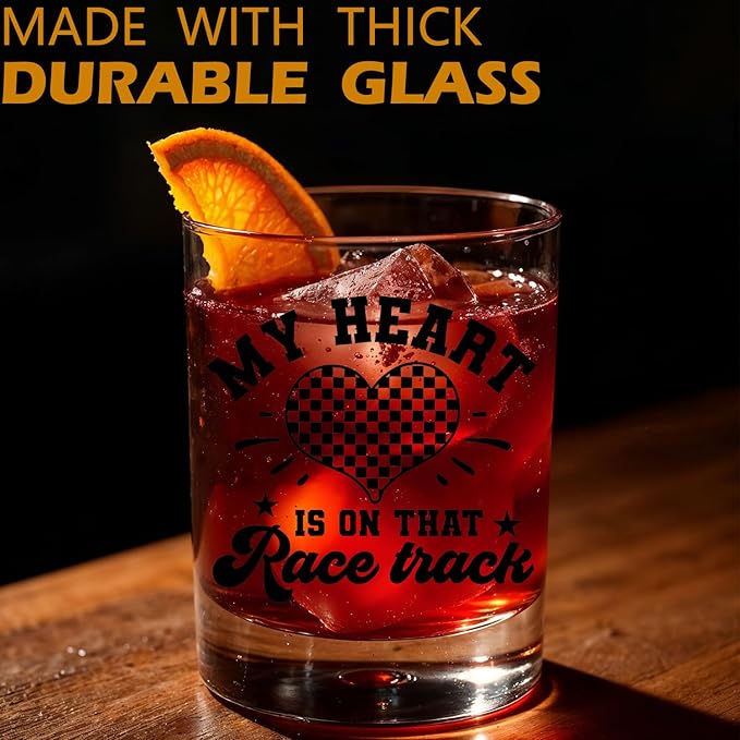Racing Gifts Old Fashioned Whiskey Glasses, Track Racing Gifts for Racer, My Heart Is On That Race Track 10 oz Rocks Barware Cup for Cocktail Drinks Scotch Bourbon Liquor