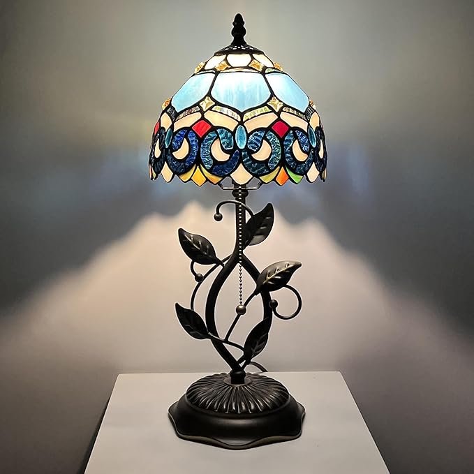 Small Tiffany Lamp Sea Blue Jewelry Baroque Style Stained Glass Table Lamps Desk Bedside Reading Light 8X8X18 Inches with Bronze Metal Leaf Resin Base