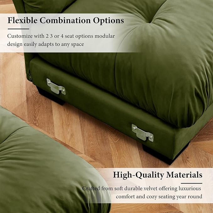 93.7" Loveseat Sofa, 2 Seater Modular Sectional Sofa, Olive Large L Shaped Sectional Couches for Living Room, Fluffy Couch, Love Seat, Velvet Cloud Couch with Ottoman, Deep Seat Sofas for Living Home
