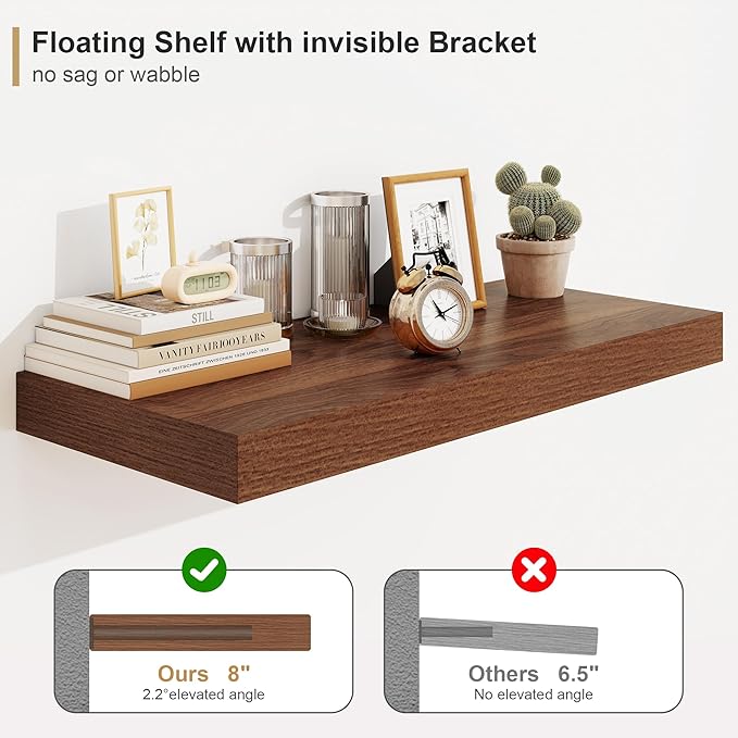 Heimlove 12" Deep Floating Shelves for Wall, 24 Inch Shelf Bathroom Shelves Set of 1, Mounted Shelves for Books Living Room Laundry Room Bedroom Kitchen Home Office, Walnut