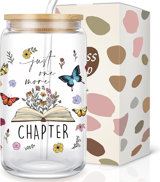 Book Lovers Gifts: 16 oz Glass Cups with Lid and Straw, Floral Butterfly Iced Coffee Can, Just One More Chapter