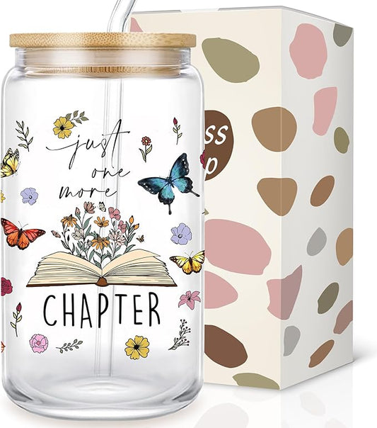 Book Lovers Gifts: 16 oz Glass Cups with Lid and Straw, Floral Butterfly Iced Coffee Can, Just One More Chapter