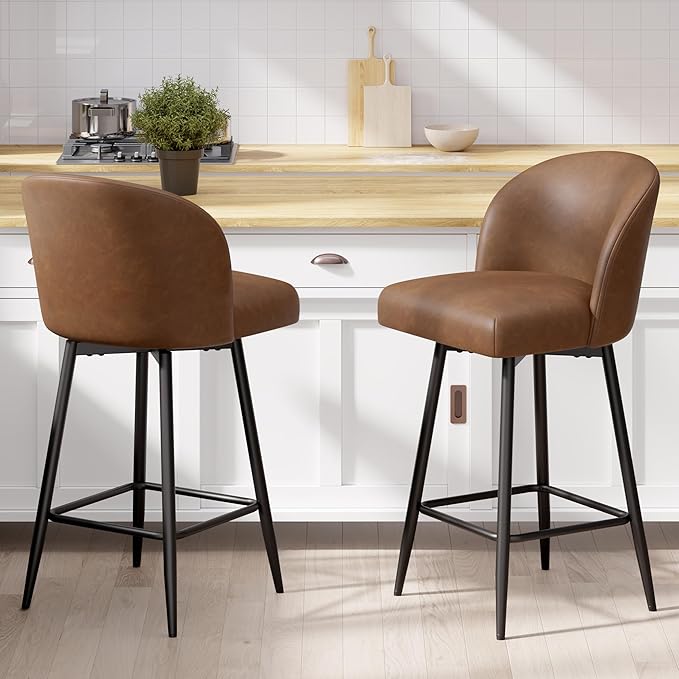 Counter Height Bar Stools Set of 2,360° Swivel Barstools with High Back and Metal Legs,26" Seat Height, Upholstered PU Leather Bar Chairs for Kitchen Island, Dining Room,Cafes,Brown
