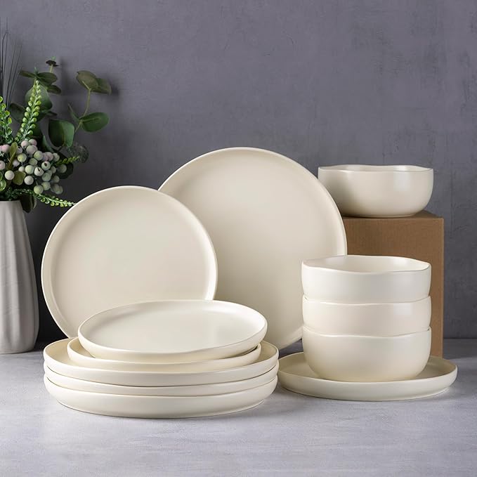 AmorArc Ceramic Dinnerware Sets, Wavy Rim StonewarePlates and Bowls Sets, Highly Chip and Crack Resistant | Dishwasher & Microwave & Oven Safe Dishes set, Service for 6 (18pc)