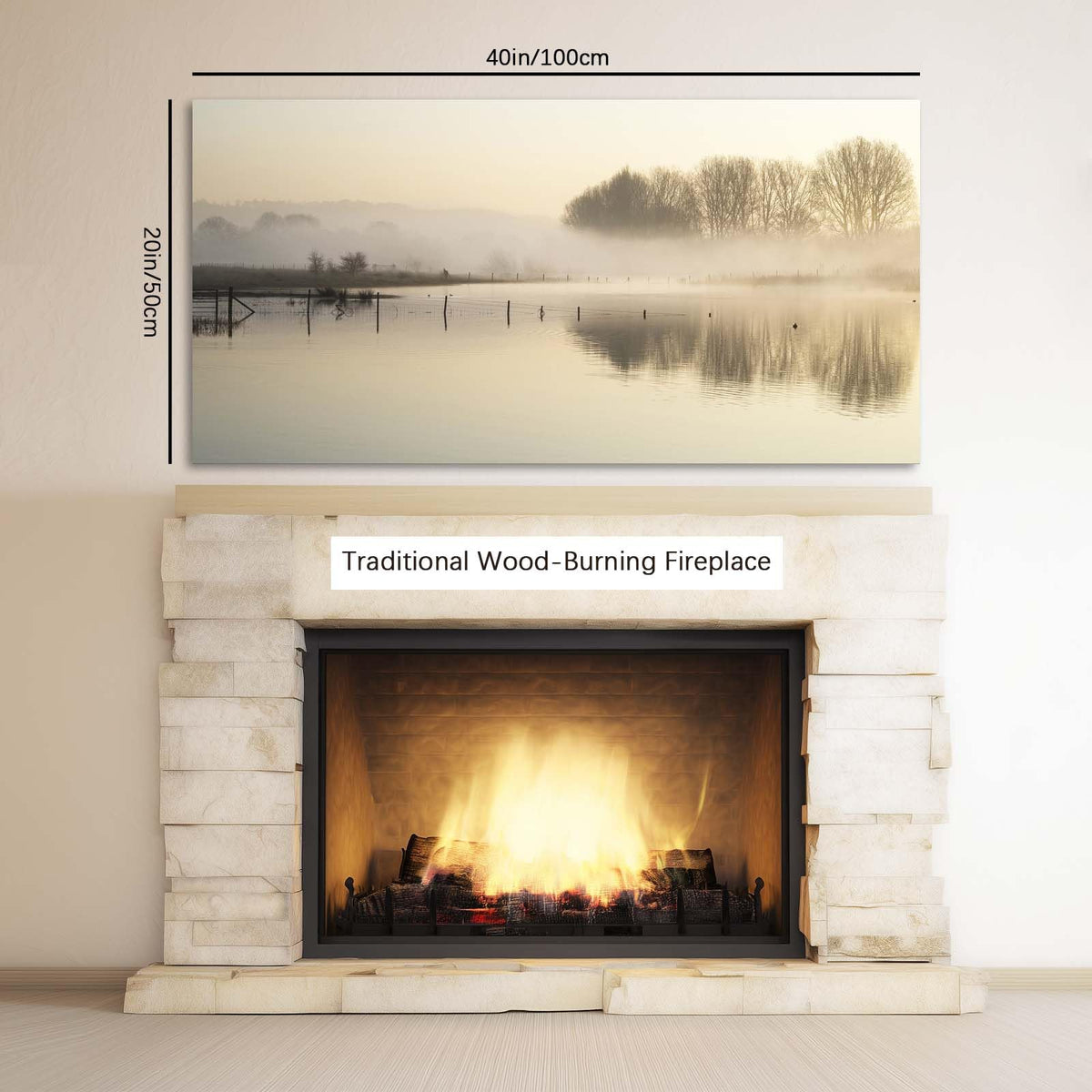 TEKMENT Beige Lake landscape Wall Art for Bedroom Canvas Painting Prints Beautiful Woods Morning Mist Fishing Nets Warm Yellow Art Deco Nature Artwork Office Family Decor