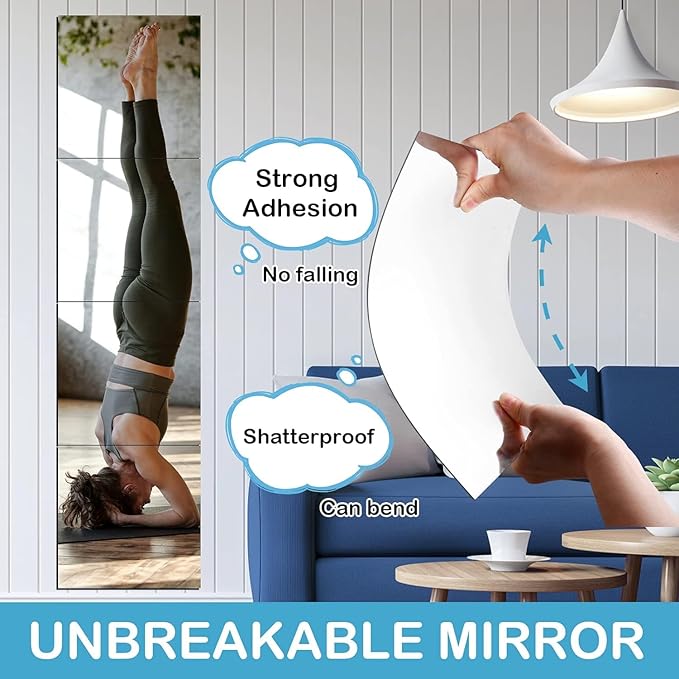 Full Length Wall Mirror Tiles, 12"x 12" x 12Pcs Acrylic Mirror Wall-Mounted, Shatterproof Non Glass Safety Mirrors Great for Baby Kids Playroom
