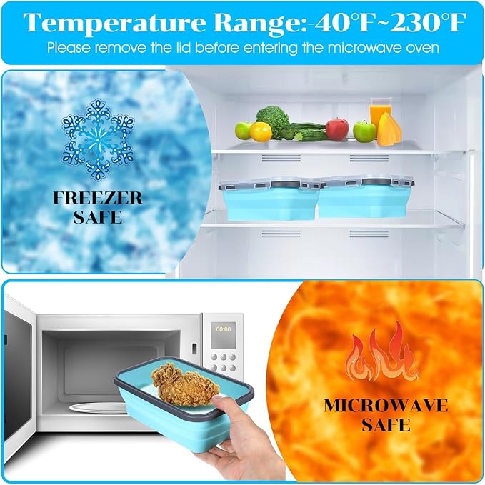 6 Pieces Collapsible Food Storage Containers Foldable Silicone Lunch Containers with Lids, 3 Pcs Silicone Rectangle Collapsible Bowls and 3 Pcs Round Food Bowls, Microwave Freezer and Dishwasher Safe