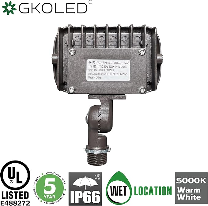 GKOLED 15W LED Floodlight, Outdoor Security Fixture, Waterproof, 1500 Lumens, 50W MH Equivalent, 5000K Daylight White, 120-277V, UL-Listed