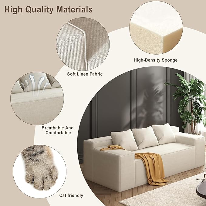 Modular Sectional Sofa, 3 Seater 105" Deep Seat Corduroy Lounge Sofa with Movable Cushions, Modular Couch for Small Spaces, Living Room, Bedroom, Apartment, Office - Beige