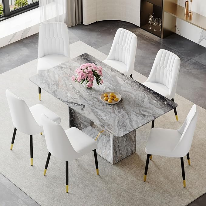 Dining Chairs Set, Modern Dining Chairs, Equipped with PU Leather Backrest Cushions and Black Metal Legs, Suitable for Restaurants, Kitchens, and Dining Room Chairs (White, Set of 6)