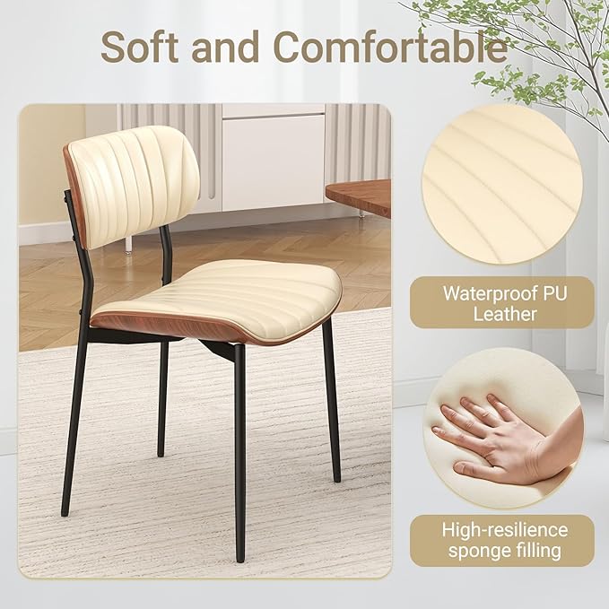 Mid Century Modern Dining Chairs Set of 2,Upholstered Faux Leather Kitchen Chairs with Walnut Bentwood Back and Metal Legs for Kitchen Dining Room Living Room, Beige