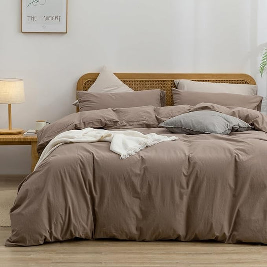BESTOUCH Duvet Cover Set 100% Washed Cotton Linen Feel Super Soft Comfortable Chic Lightweight 3 PCs Home Bedding Set Solid Pine Bark Brown Super Queen