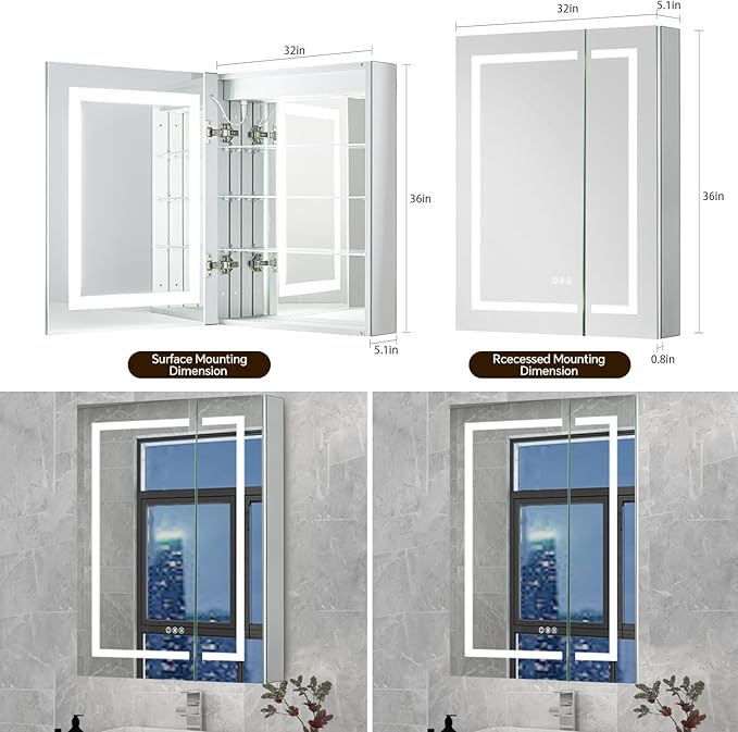 32 x36 Inch LED Lighted Medicine Cabinet with Lights, Recessed or Surface Wall Mount Medicine Cabinet Mirror for Bathroom with Storage, Outlets & USB, Tempered Glass, 3-Color Dimming, Adjustable Shelf
