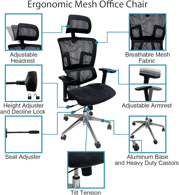 ErgoMax 53 in Tall Gray Ergonomic Adjustable Office Chair w/Aluminum Back and Base, Ergonomic Chair with Headrest and Lumbar Support