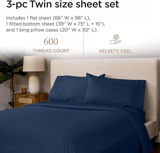 Threadmill 100% Cotton Sheets for Twin Size Bed - 600 Thread Count Twin Bed Sheets Set with 15” Deep Pocket - Sateen Weave 3-Piece Bedding Set with Cooling Effect, Folkstone Blue