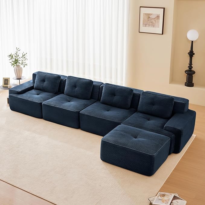 150" Modern Corduroy Cloud Sofa with Ottoman, L Shaped Boneless Modular Large Sectional Couches for Living Room, Blue 4 Seater Compressed Memory Foam Couch, Extra Deep Seat, No Assembly
