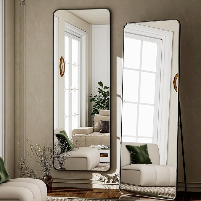 VooBang Round Corner Mirror Full Length, 66" x 23" Floor Mirror with Stand, Matte Aluminum Alloy Frame Full Body Mirror, Standing Hanging or Leaning for Bedroom and Living Room, Black