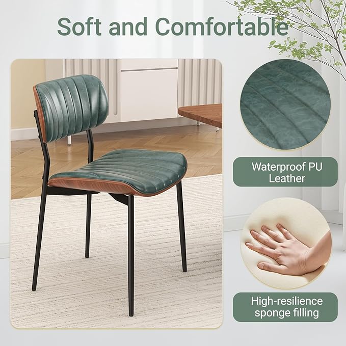 Mid Century Modern Dining Chairs Set of 4,Upholstered Faux Leather Kitchen Chairs with Walnut Bentwood Back and Metal Legs for Kitchen Dining Room Living Room, Green