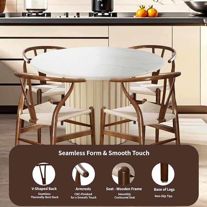 Tomile Wishbone Chair Y Chair, Wooden Dining Chairs, Mid Century Modern Chairs with Arms, Solid Wood Weave Seat Kitchen & Dining Room Chairs (Ash Wood - Walnut Color)