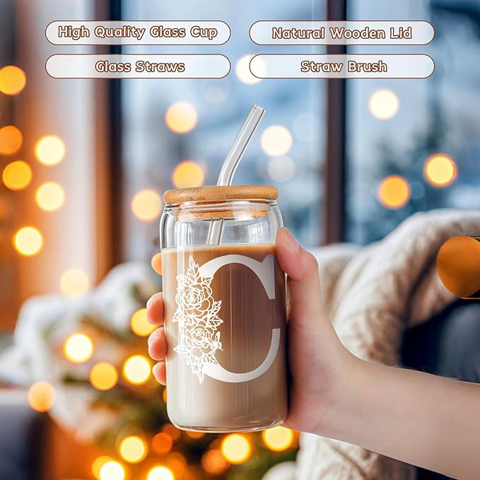 DWTS DANWEITESI Birthday Gifts for Women: Initial Glass Cup as Office Graduation Memorial Holiday Personalized Gifts - for Husband Aunt Uncle Teen Boy Employee Coworkers Him and Her - C Aesthetic Cup