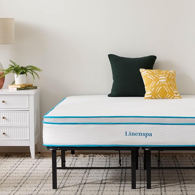 Linenspa 10” Memory Foam and Innerspring Hybrid Mattress + 14” Black Metal Platform Bedframe – Twin Mattress + Metal Folding Twin Bed Frame