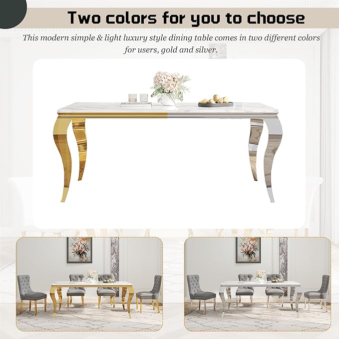 7-Piece Dining Table Set for 6, Faux Marble Dining Table Set with 70'' Marble Dinner Table and 6 Velvet Wing Back Chairs for Kitchen, Dining Room, Gray & Silver