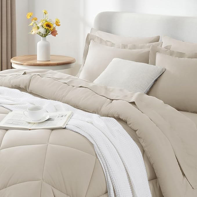 CozyLux King Size Comforter Set Beige - 7 Pieces Bed in a Bag King, Luxury Soft Bed Set for All Seasons, Bedding Set with Down Alternative Comforter, Sheets, Pillowcases & Shams