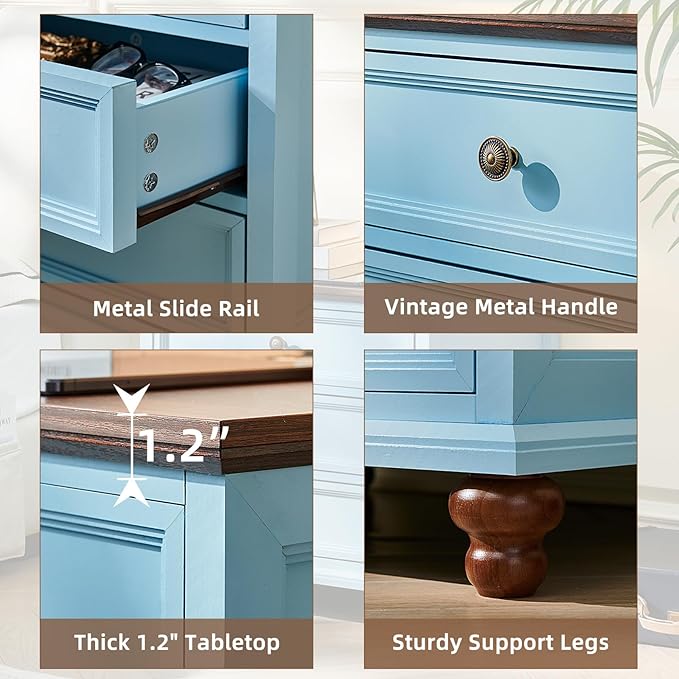 24" Wide Farmhouse Nightstand Set of 2, 54" 7 Drawers Dresser, 37" Tall Rustic Chests of Drawers w/ 4 Solid Wood Feet, Farmhouse Furniture Series for Living Room,Bedroom,LightBlue