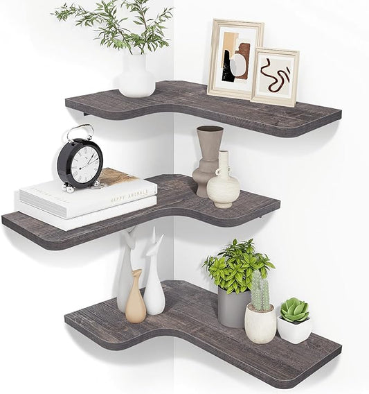 Homode Corner Shelves Wall Mounted, Set of 3 Floating Corner Shelves with Cord Hole, 3 Tier Wooden Hanging Shelves for Storage and Display, for Bathroom Kitchen Living Room, Rustic Grey