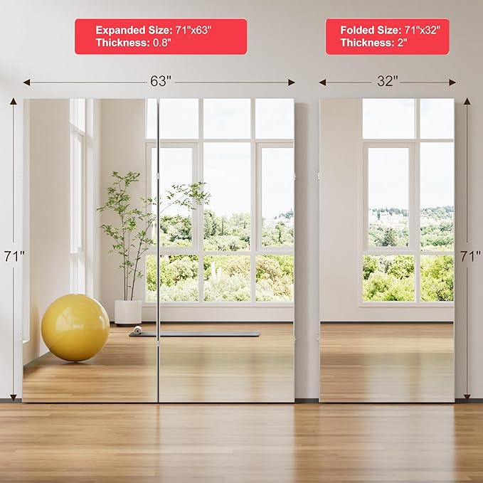 brisafe 360-Degree Folding Full-Length Mirror - 71" x 64"Oversized Anti-Shatter Nano Film Mirror, Space-Saving Foldable Design for Home Gym/Yoga Studio, 60% Commercial Insurance Discount, White