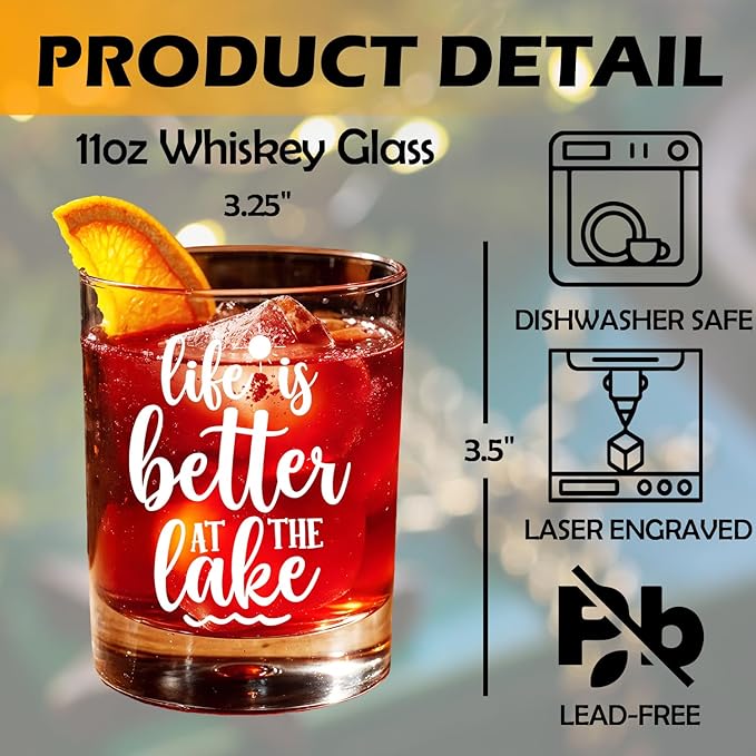 Lake Life Gifts Old Fashioned Whiskey Glasses, Gifts for Lake Lovers, Life is Better at the Lakes 10 oz Rocks Barware Cup for Cocktail Drinks Scotch Bourbon Liquor