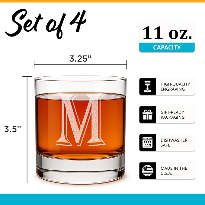 (M-Monogram)- 4 Piece Set of 11 Ounce Engraved Heavy Base Rocks Glasses Elegant Glass-Multi-Purpose Beverage-Rocks Glass- Gift for any Occasion- By: On The Rox