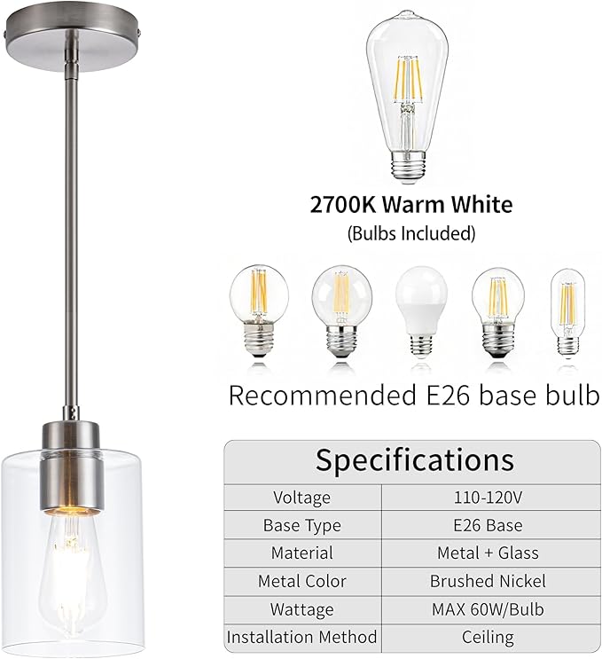 MAYNA 2-Pack Brushed Nickel Hanging Lamps, Contemporary Kitchen Island Pendants with Bulbs, Adjustable Rods Clear Glass Cylinder Lighting for Dining Area