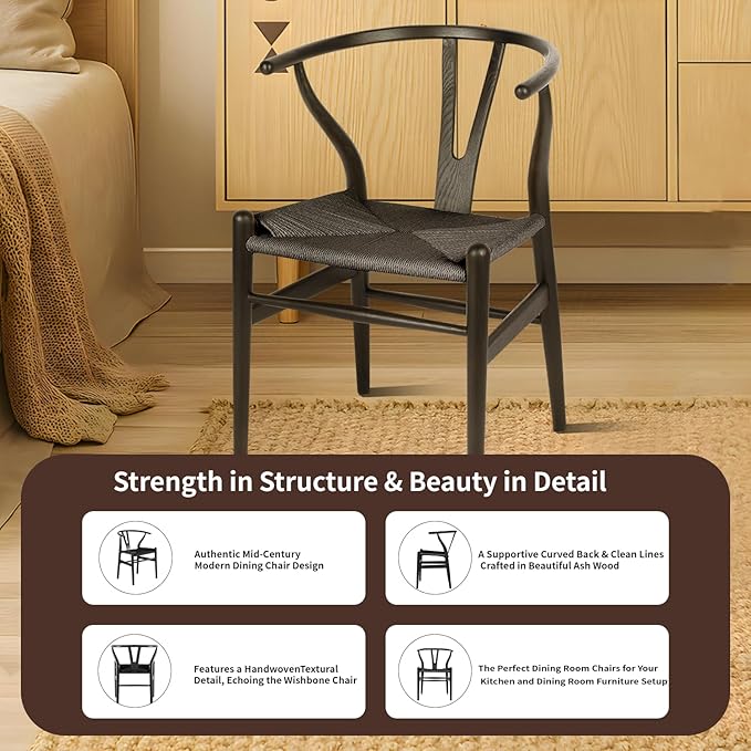 Tomile Wishbone Chair Y Chair, Wooden Dining Chairs Set of 2, Mid Century Modern Chairs with Arms, Solid Wood Weave Seat Kitchen & Dining Room Chairs (Ash Wood - Black)