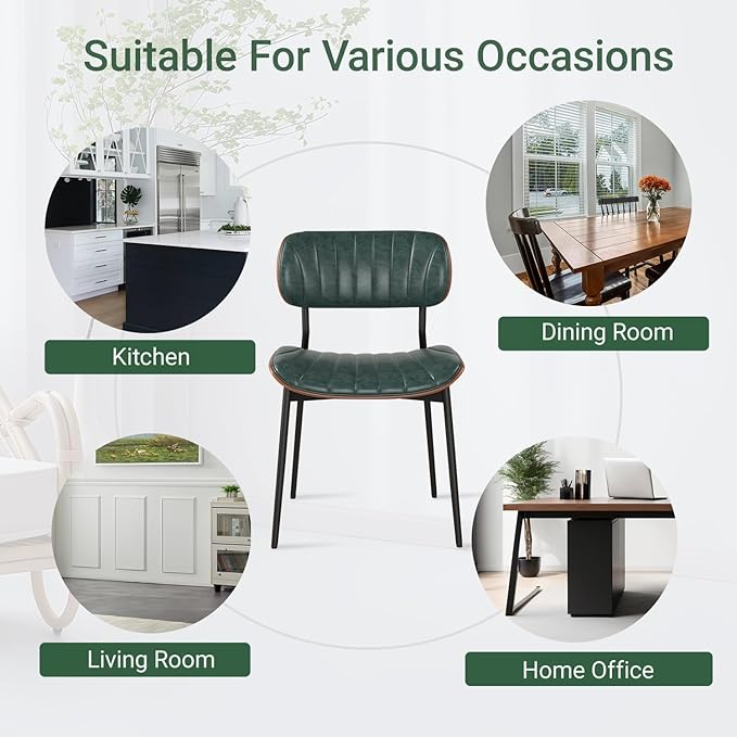 Mid Century Modern Dining Chairs Set of 2,Upholstered Faux Leather Kitchen Chairs with Walnut Bentwood Back and Metal Legs for Kitchen Dining Room Living Room, Green